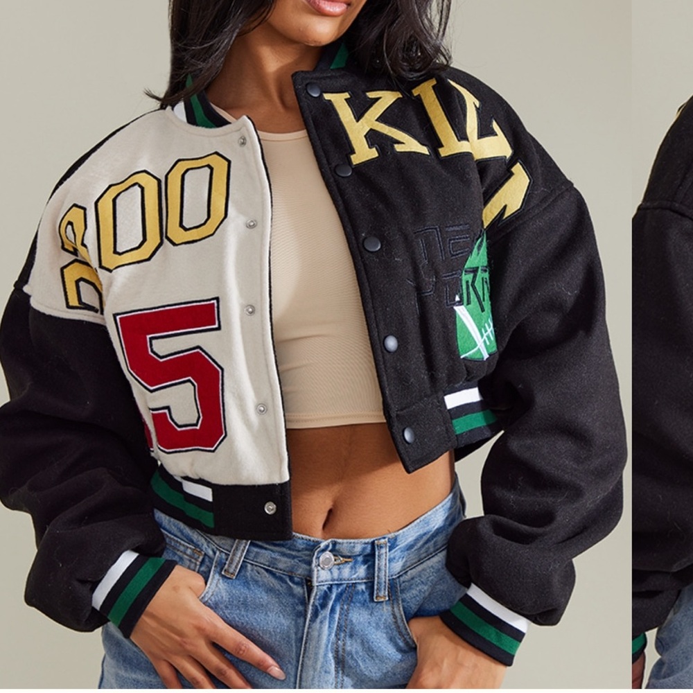 Prettylittlething | BLACK WOOL LOOK GRAPHIC FRONT CROPPED BOMBER JACKET